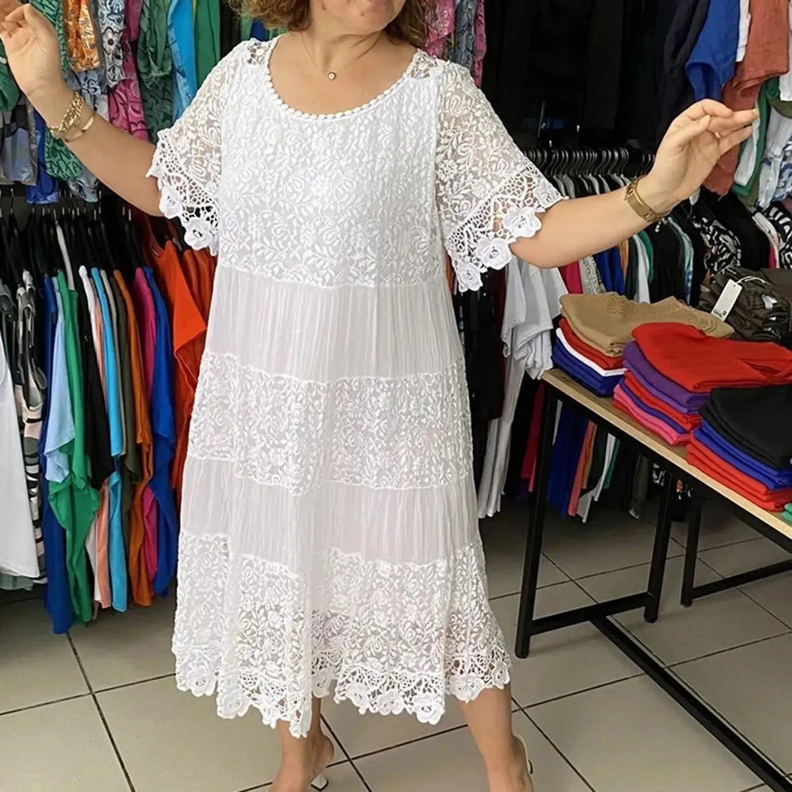 Summer Women Dress Hollow Out Pleated  A-line O Neck Short Horn Sleeves Midi Dress Patchwork Solid Color Big Swing Lady Dress