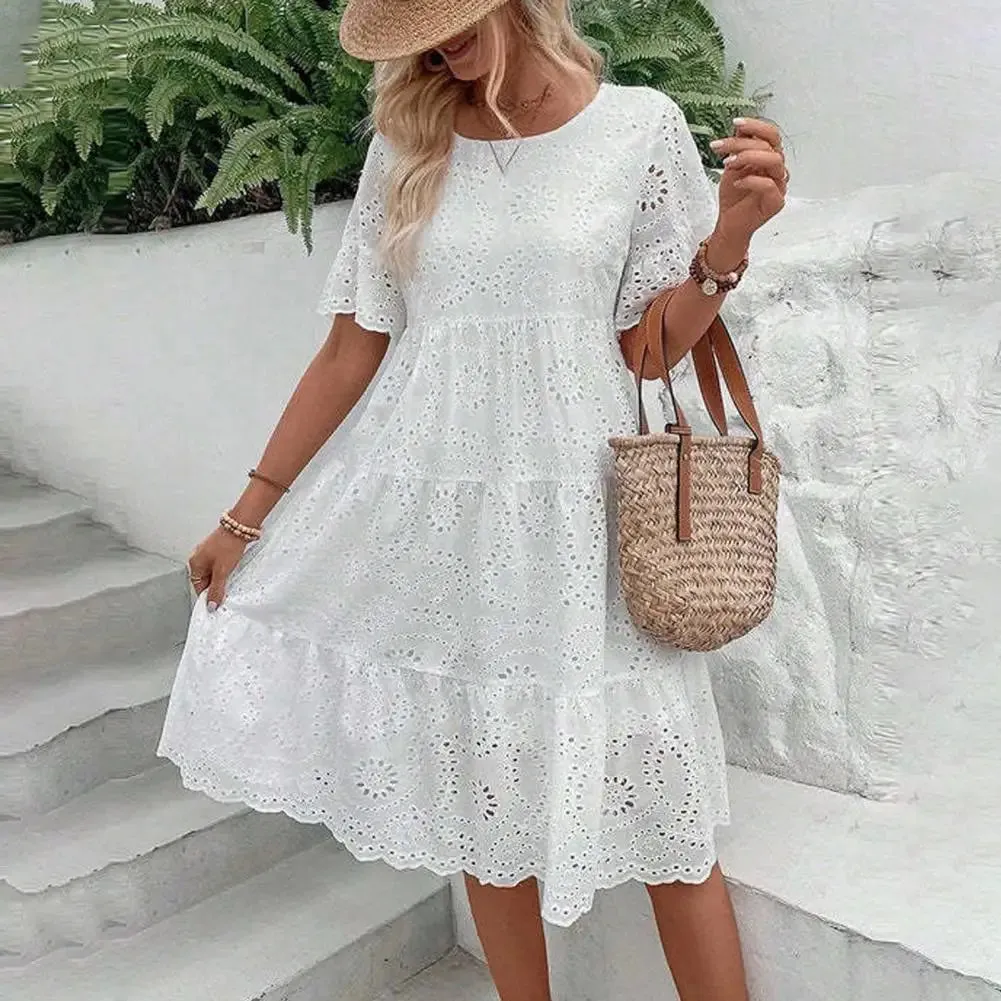 Summer Women Dress Hollow Out Pleated  A-line O Neck Short Horn Sleeves Midi Dress Patchwork Solid Color Big Swing Lady Dress