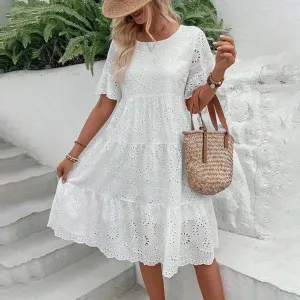 Summer Women Dress Hollow Out Pleated  A-line O Neck Short Horn Sleeves Midi Dress Patchwork Solid Color Big Swing Lady Dress