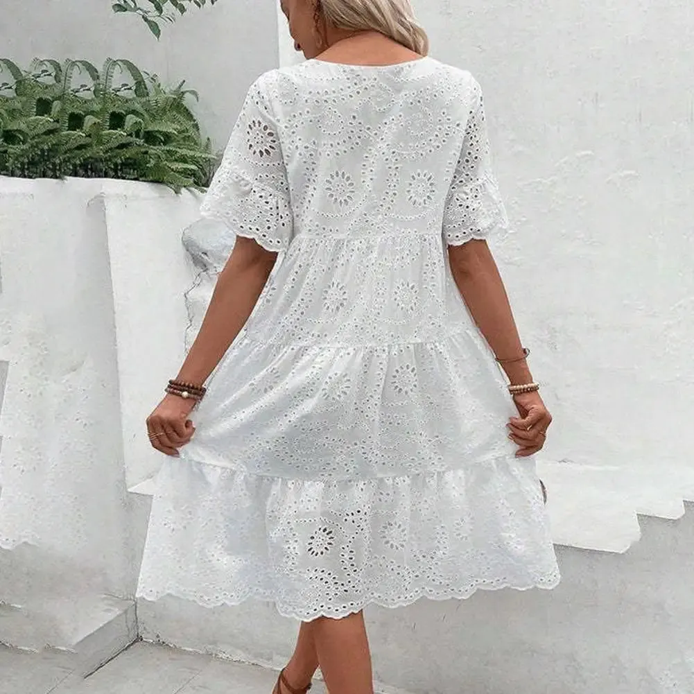 Summer Women Dress Hollow Out Pleated  A-line O Neck Short Horn Sleeves Midi Dress Patchwork Solid Color Big Swing Lady Dress