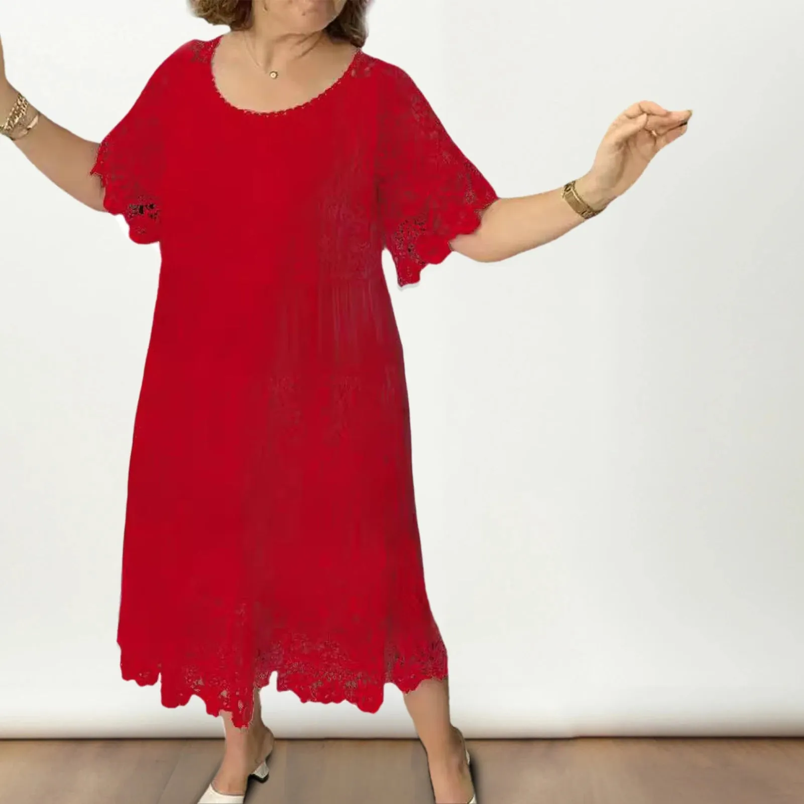 Summer Women Dress Hollow Out Pleated  A-line O Neck Short Horn Sleeves Midi Dress Patchwork Solid Color Big Swing Lady Dress