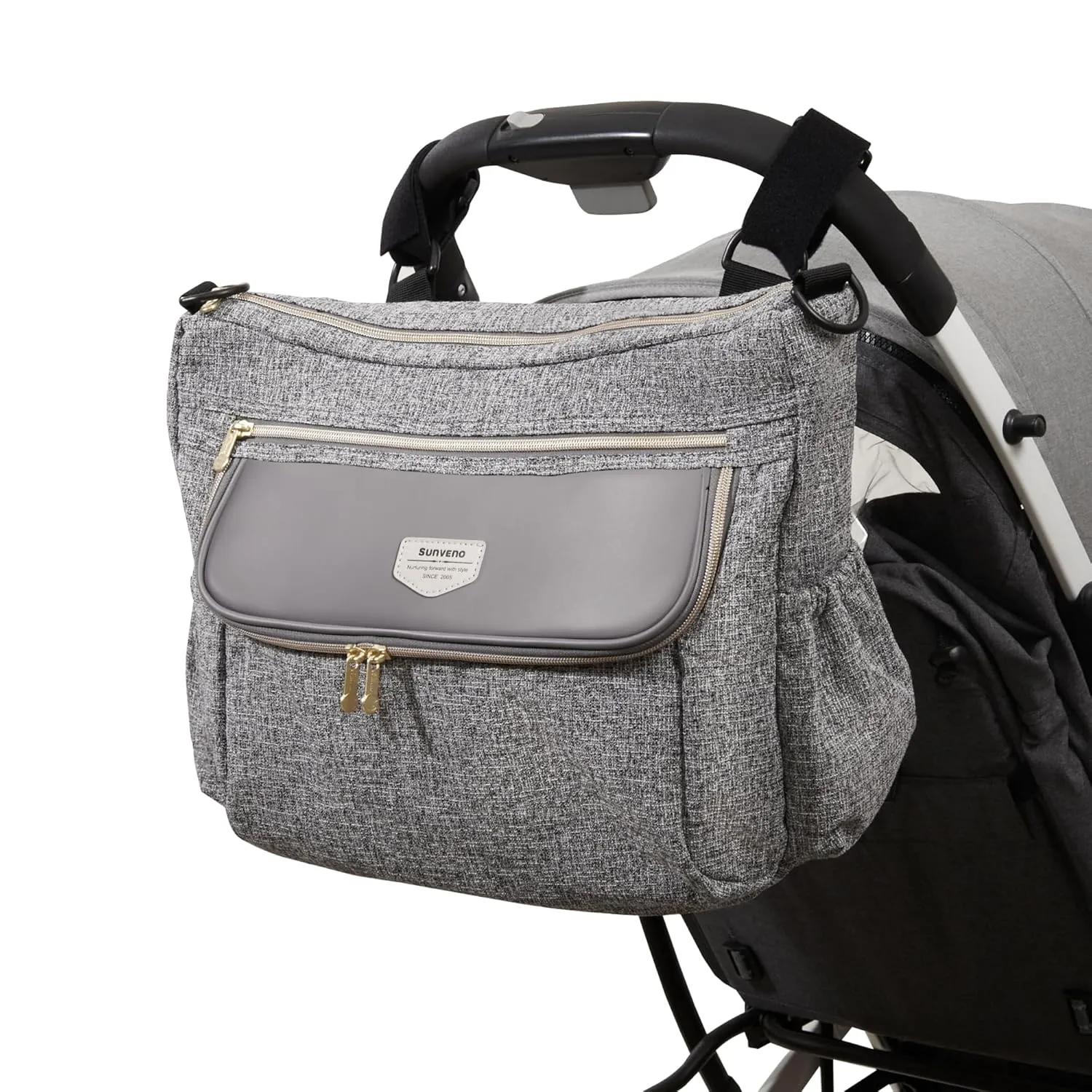 SUNVENO Universal Stroller Organizer, Stroller Diaper Bag with Cup Holder & Shoulder Strap, Large Storage Space with Multiple Pockets Fit Nearly Any Stroller, Grey