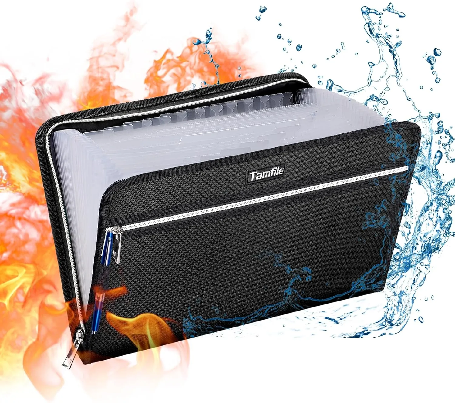Tamfile Fireproof Waterproof Safe Expanding File Folder Accordion Document Organizer with 24 Pockets Portable Money File Bag Filing Holder and Lables/3Zippers A4 Letter Size (Black,14.3" 9.8")