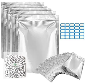 TEKUNLIMITED Mylar Bags For Food Storage, 25 Pcs 1 Gallon 13 Mil 2 Sides Stand-Up, Mylar Ziplock Bags, Heat & Re-Sealable, Mylar Bags with Oxygen Absorbers, 300cc, Mylar Bags, 10"x14" Extra Thick Long Term Storage