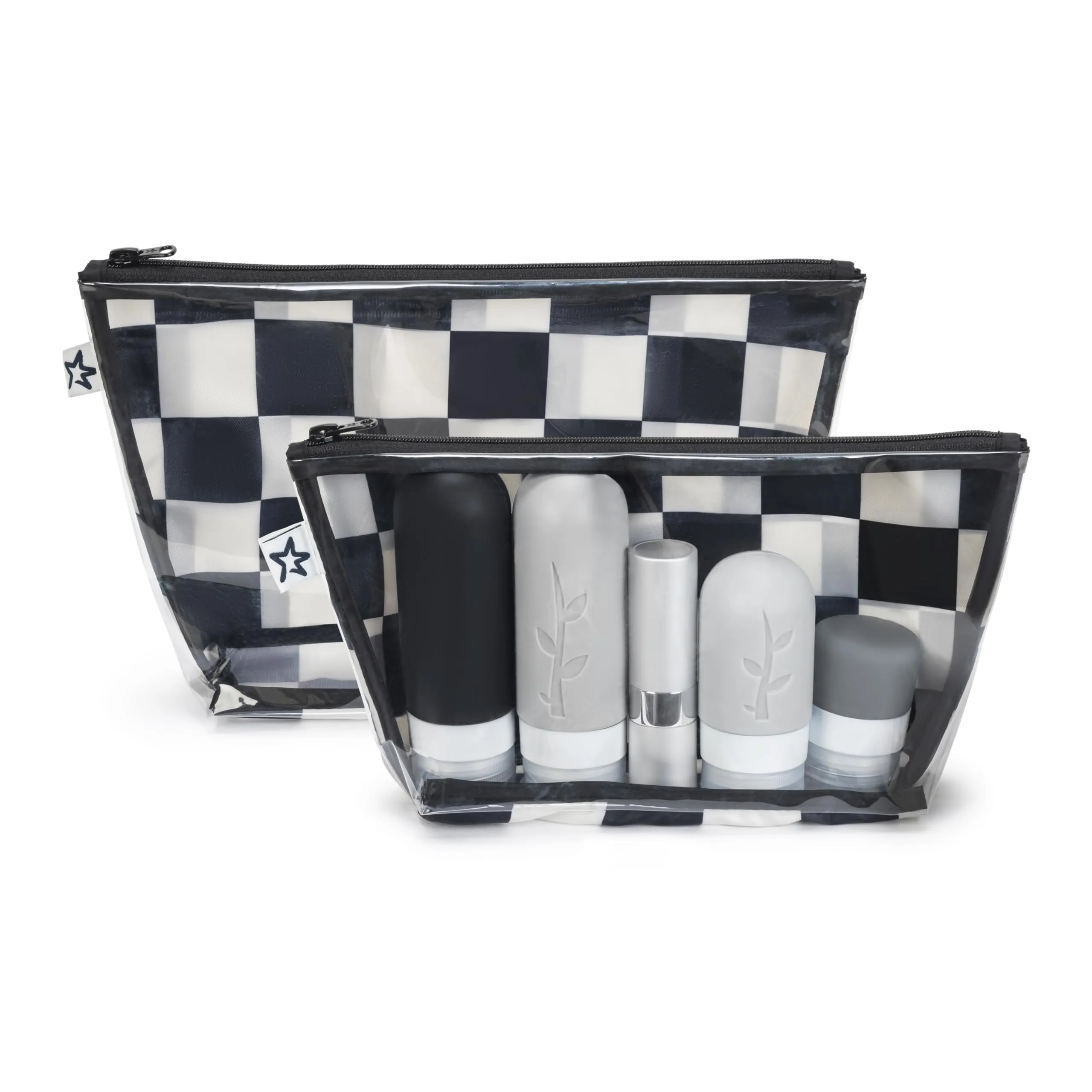 Tiny Twinkle Mess-proof Travel Bags, Airline Compliant, Zipper Closure, Clear Front Pouch, Diaper Bag Packing, Toiletry or Cosmetics Organizer 2 Pack Set (Black Checkers)