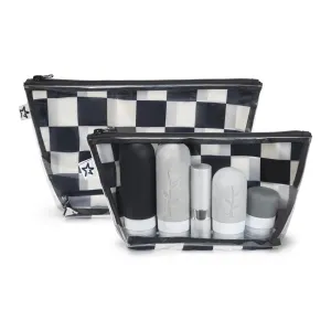 Tiny Twinkle Mess-proof Travel Bags, Airline Compliant, Zipper Closure, Clear Front Pouch, Diaper Bag Packing, Toiletry or Cosmetics Organizer 2 Pack Set (Black Checkers)