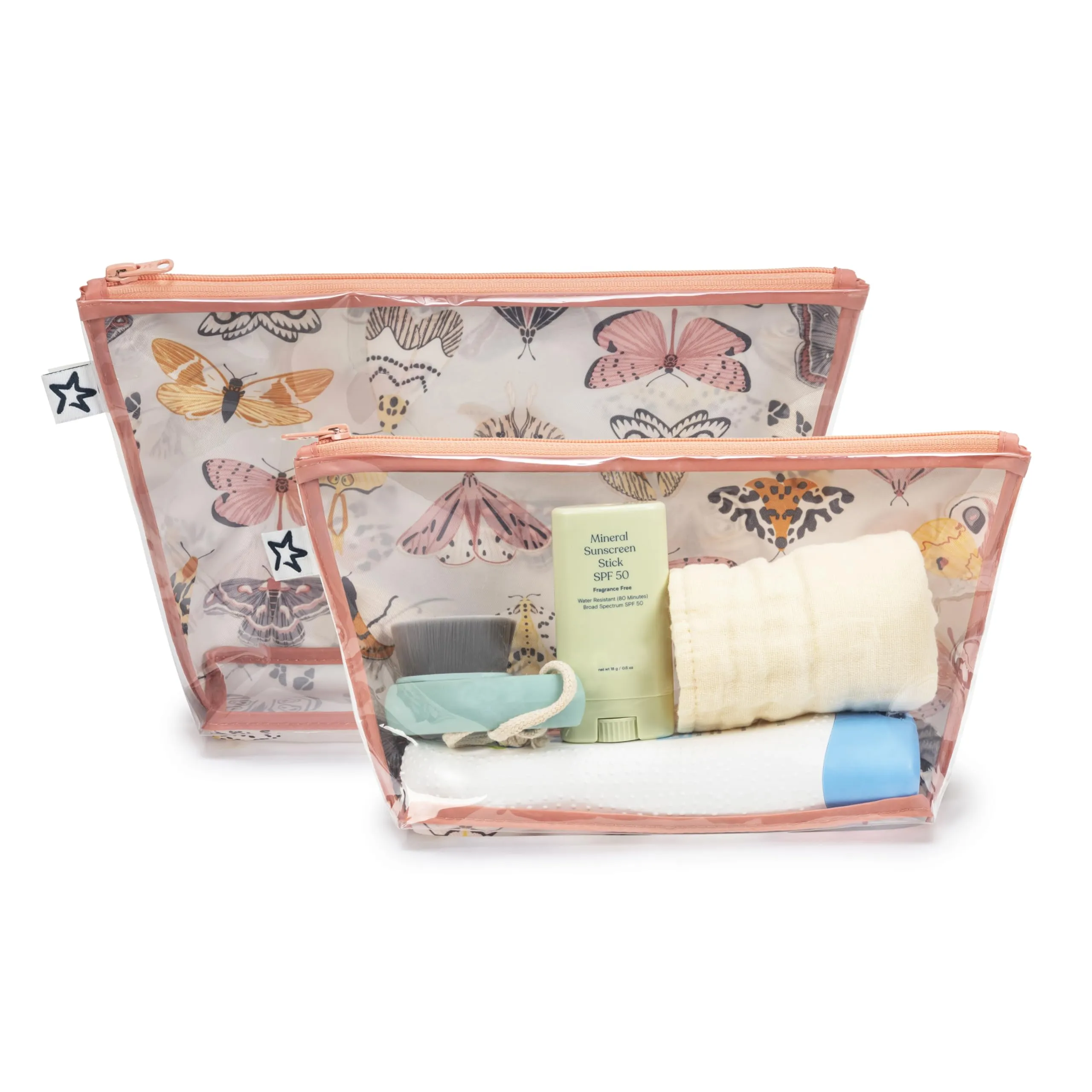 Tiny Twinkle Mess-proof Travel Bags, Airline Compliant, Zipper Closure, Clear Front Pouch, Diaper Bag Packing, Toiletry or Cosmetics Organizer 2 Pack Set (Flutter)