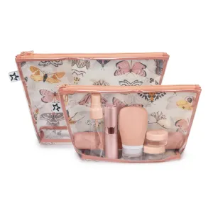 Tiny Twinkle Mess-proof Travel Bags, Airline Compliant, Zipper Closure, Clear Front Pouch, Diaper Bag Packing, Toiletry or Cosmetics Organizer 2 Pack Set (Flutter)