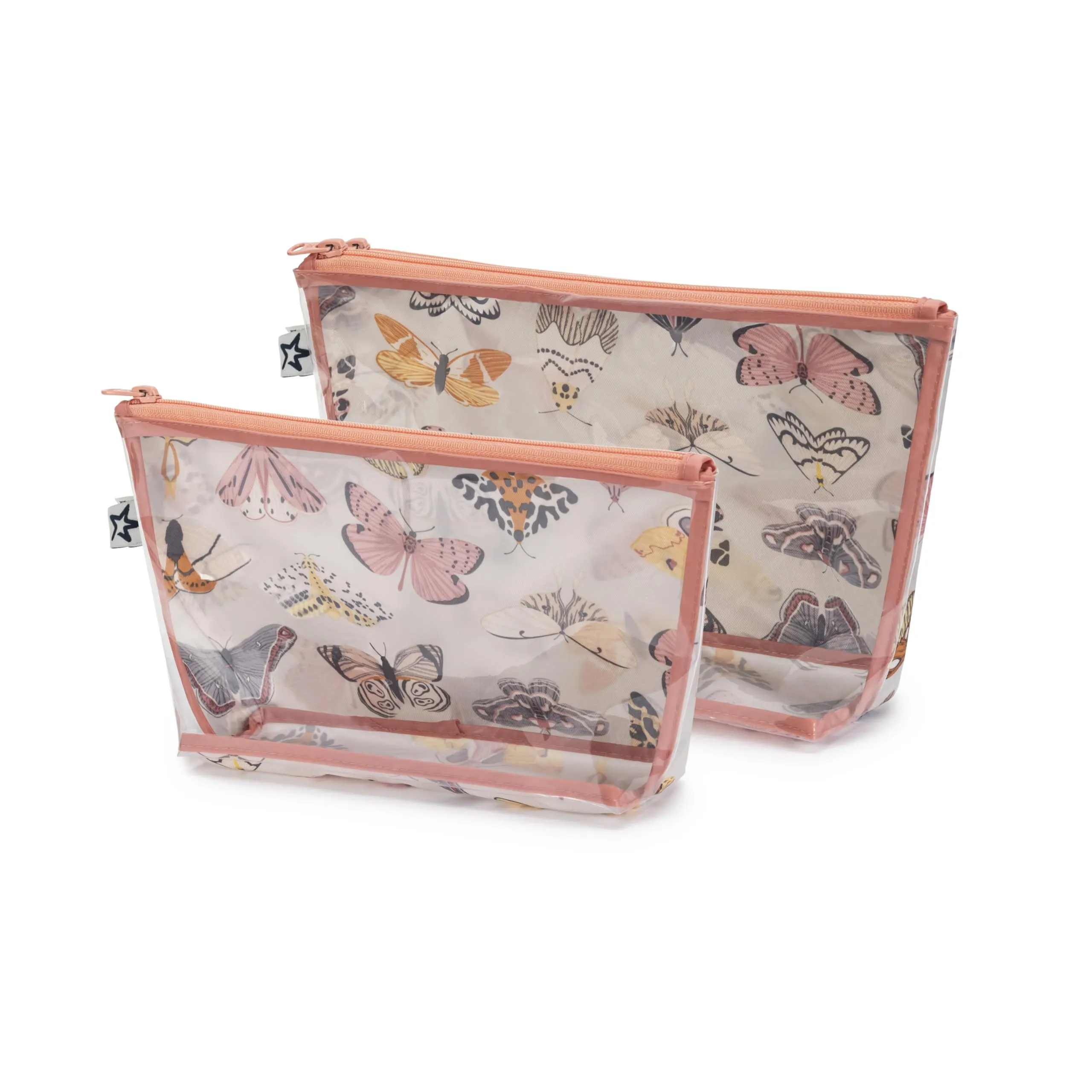 Tiny Twinkle Mess-proof Travel Bags, Airline Compliant, Zipper Closure, Clear Front Pouch, Diaper Bag Packing, Toiletry or Cosmetics Organizer 2 Pack Set (Flutter)
