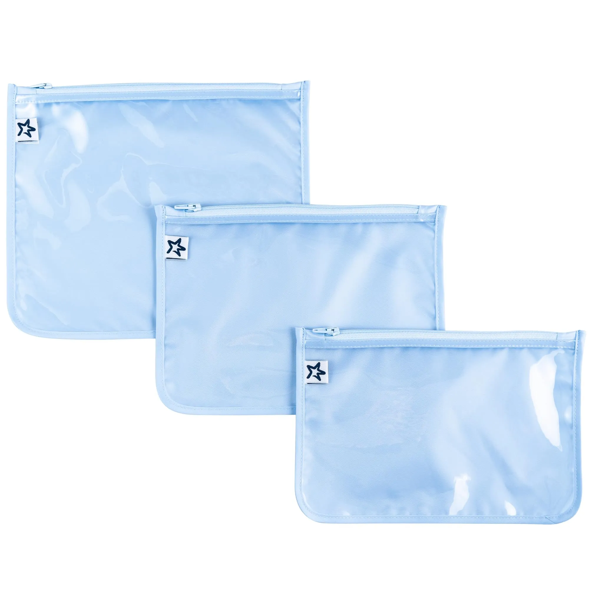 Tiny Twinkle Mess-proof Travel Bags, Airline Compliant, Zipper Closure, Clear Front Pouch, Diaper Bag Packing, Toiletry or Cosmetics Organizer 3 Pack Set (Cloud Blue)