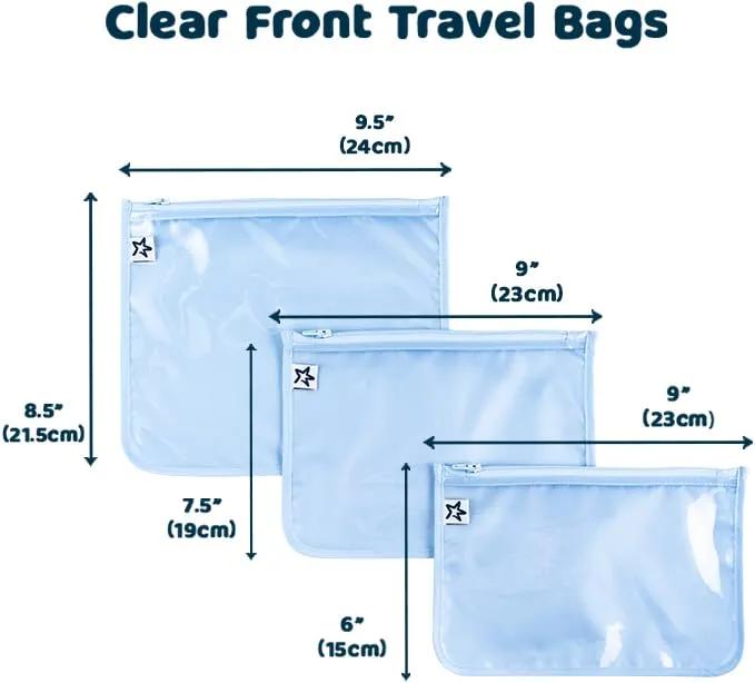 Tiny Twinkle Mess-proof Travel Bags, Airline Compliant, Zipper Closure, Clear Front Pouch, Diaper Bag Packing, Toiletry or Cosmetics Organizer 3 Pack Set (Cloud Blue)