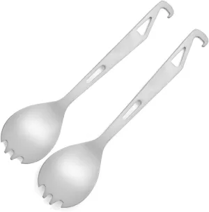 Titanium Camping Utensils Set Lightweight Spoon Spork Bottle Opener 15g Each (16.2cm x 3.5cm), 2mm Thick, Durable Travel Flatware Backpacking, Hiking, Outdoor Adventures (2 PC Spoon Spork)