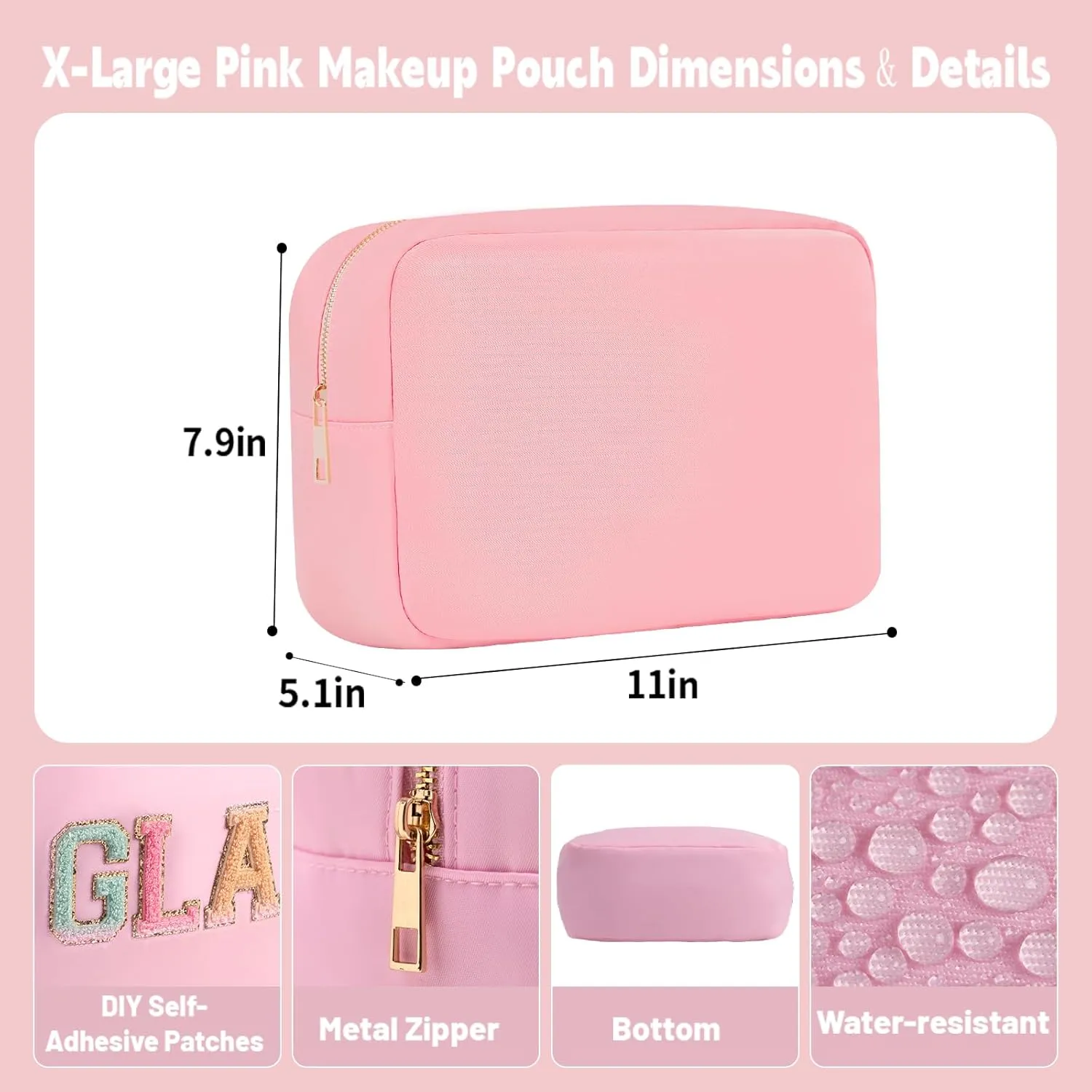 Toiletries Travel Bag XL Large Makeup Organizer Beauty Bag Nylon Cosmetic Pouch for Women with Zipper Pocket Gifts Ideas (Pink, XL)