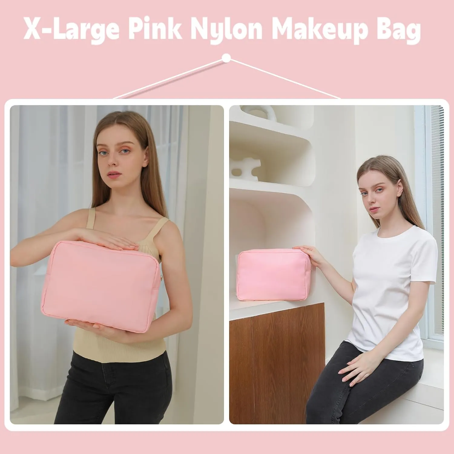 Toiletries Travel Bag XL Large Makeup Organizer Beauty Bag Nylon Cosmetic Pouch for Women with Zipper Pocket Gifts Ideas (Pink, XL)
