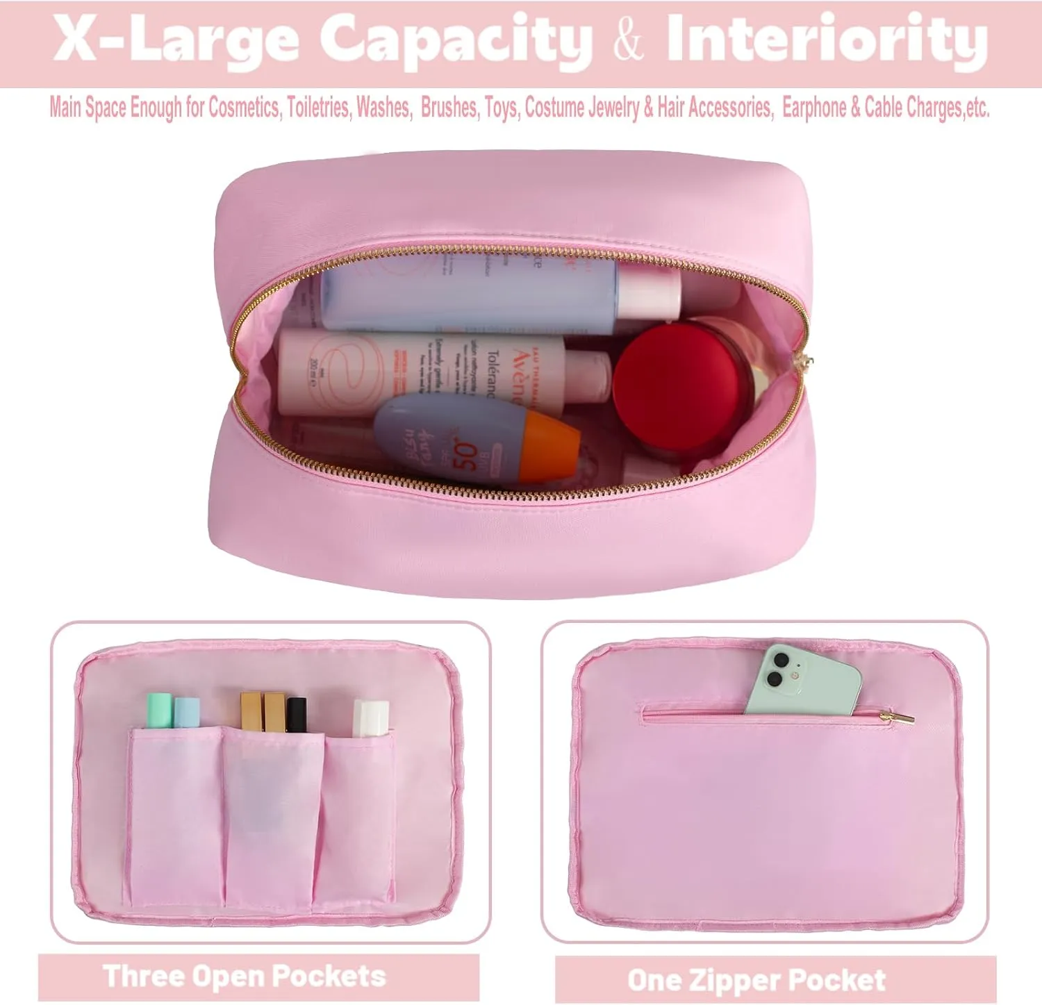 Toiletries Travel Bag XL Large Makeup Organizer Beauty Bag Nylon Cosmetic Pouch for Women with Zipper Pocket Gifts Ideas (Pink, XL)
