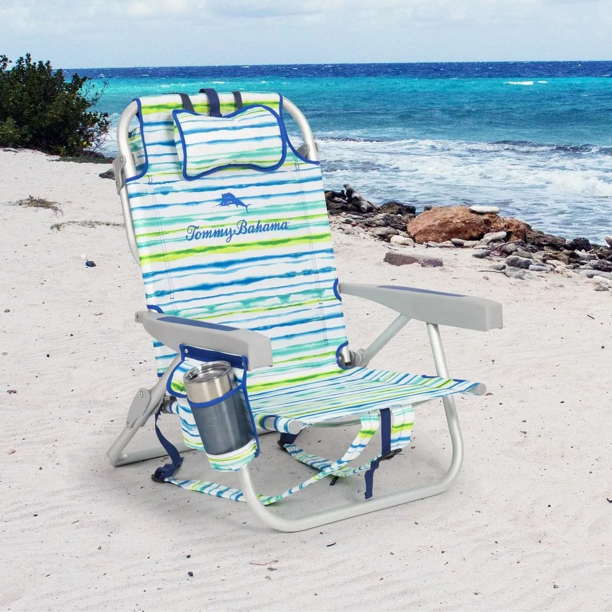 Tommy Bahama 2 Pack Backpack Beach Chair 5 Position Chair, Including Lay Flat (White Stripes)