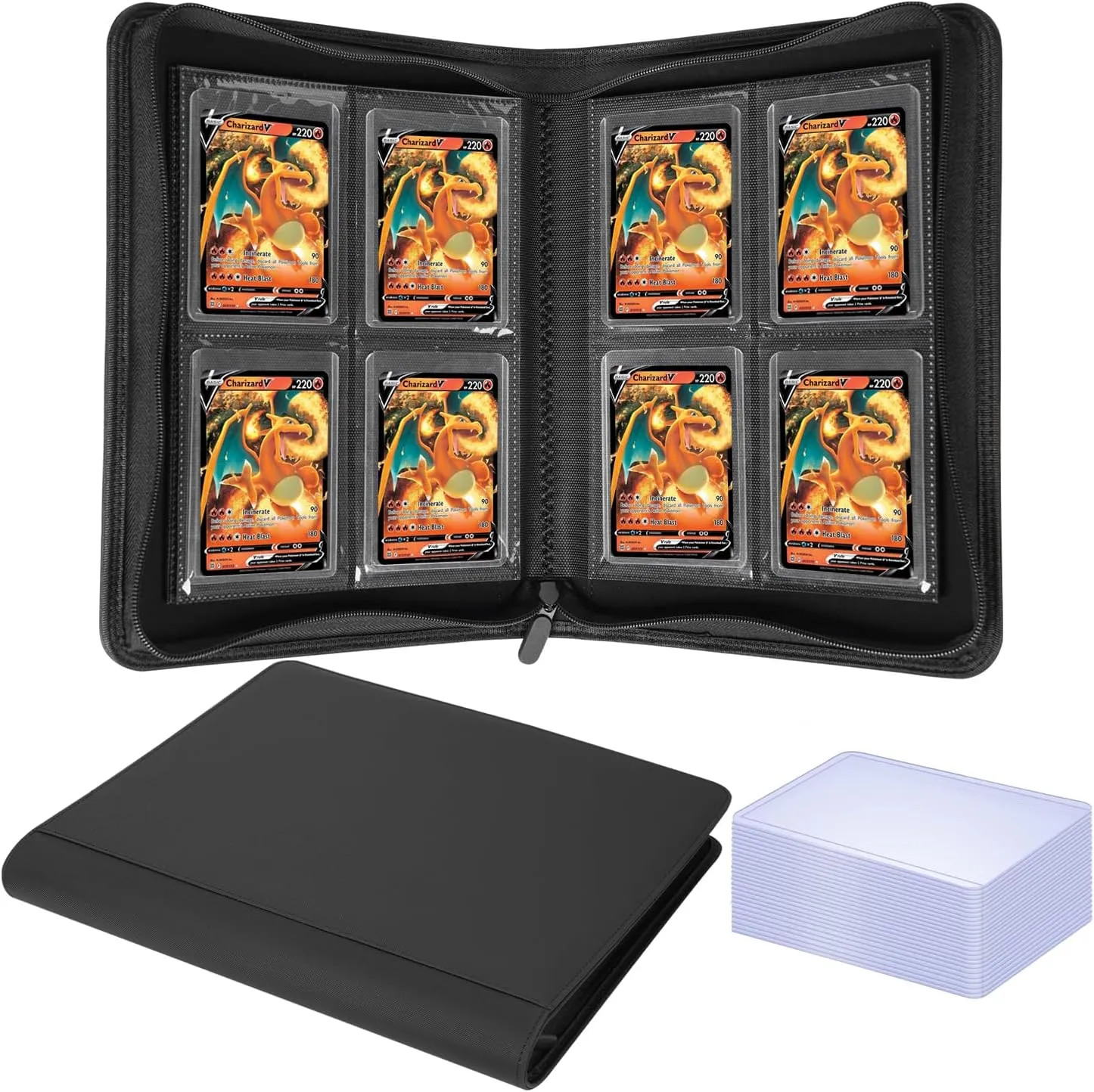 Toploader Binder, Holds 128 Toploaders – Includes 25 Toploaders, 4 Pocket Top Loader with Sleeves Card Storage Case for 3" x 4" Rigid Card Holders, Perfect for TCG, Sports Trading Cards