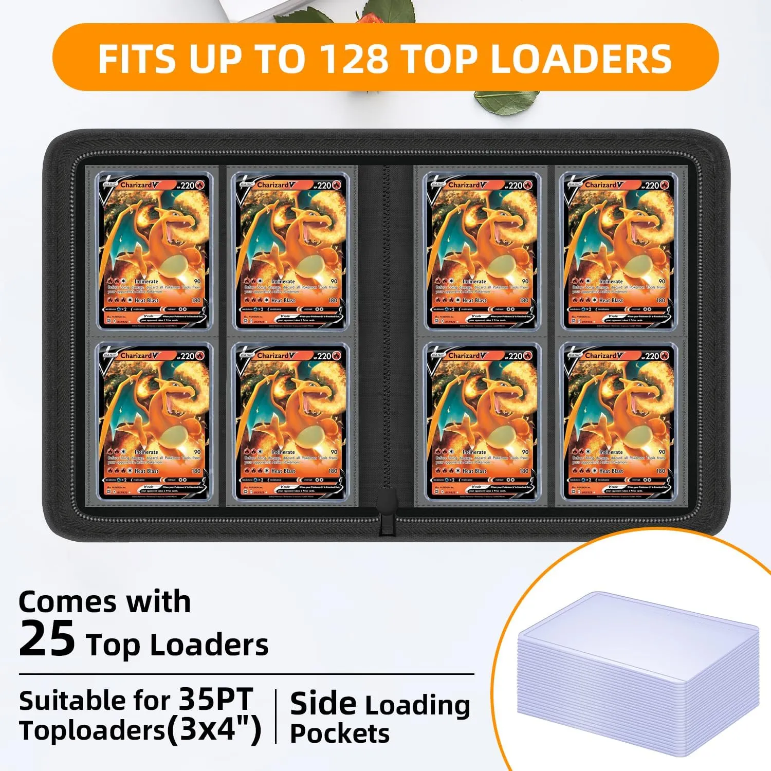 Toploader Binder, Holds 128 Toploaders – Includes 25 Toploaders, 4 Pocket Top Loader with Sleeves Card Storage Case for 3" x 4" Rigid Card Holders, Perfect for TCG, Sports Trading Cards