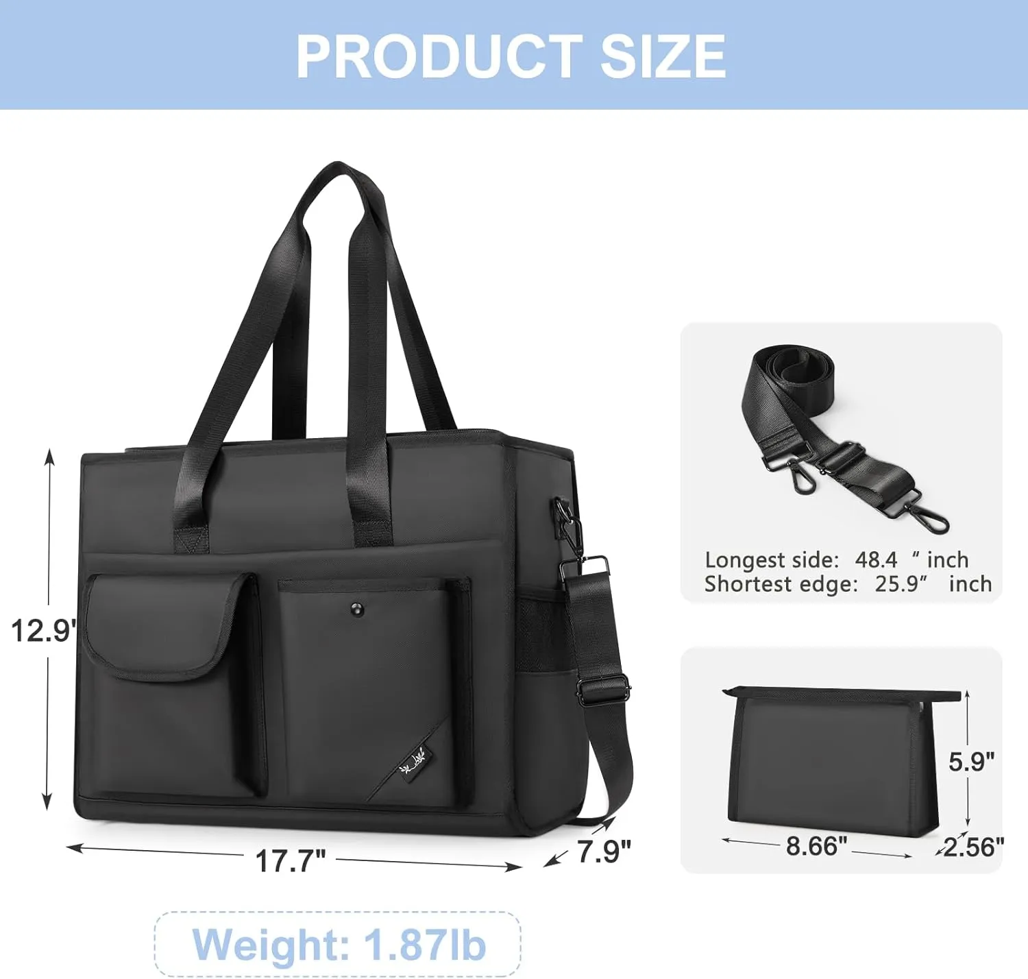 Tote Bag, Work Bags for Women with 15 Pockets, Large Tote Bag with Zipper for Teacher Nurse, Laptop Handbags for Women, Carry on Bag, Black