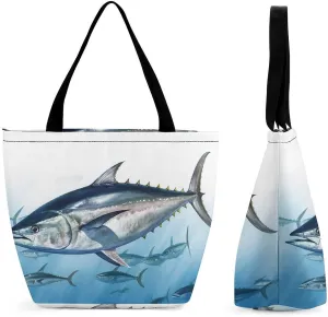 Tote Bags for Women Bluefin Tuna Thunnus Versatile Shoulder Bag with Zipper Large Capacity Handbag Beach Bag Reusable Grocery Bag for Shopping Travel Commuting