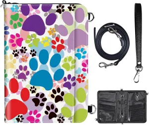 Travel Passport Wallet for Men Women,Leather RFID Blocking Passport Holder Family 6 Passports Travel Document Credit Cards Organizer Bag with Zipper Neck Wrist Strap,Dog pawprint multicolor