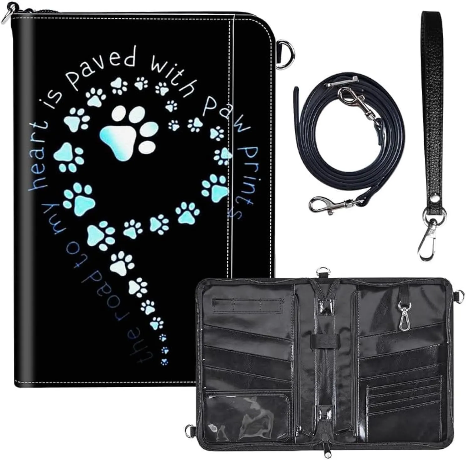Travel Passport Wallet for Men Women,Leather RFID Blocking Passport Holder Family 6 Passports Travel Document Credit Cards Organizer Bag with Zipper Neck Wrist Strap,pawprint Heart