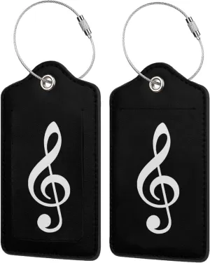 Treble Clef Music Leather Baggage Bag Luggage Tags with Stainless Steel Loop and Privacy Cover, 4 PCS, Black