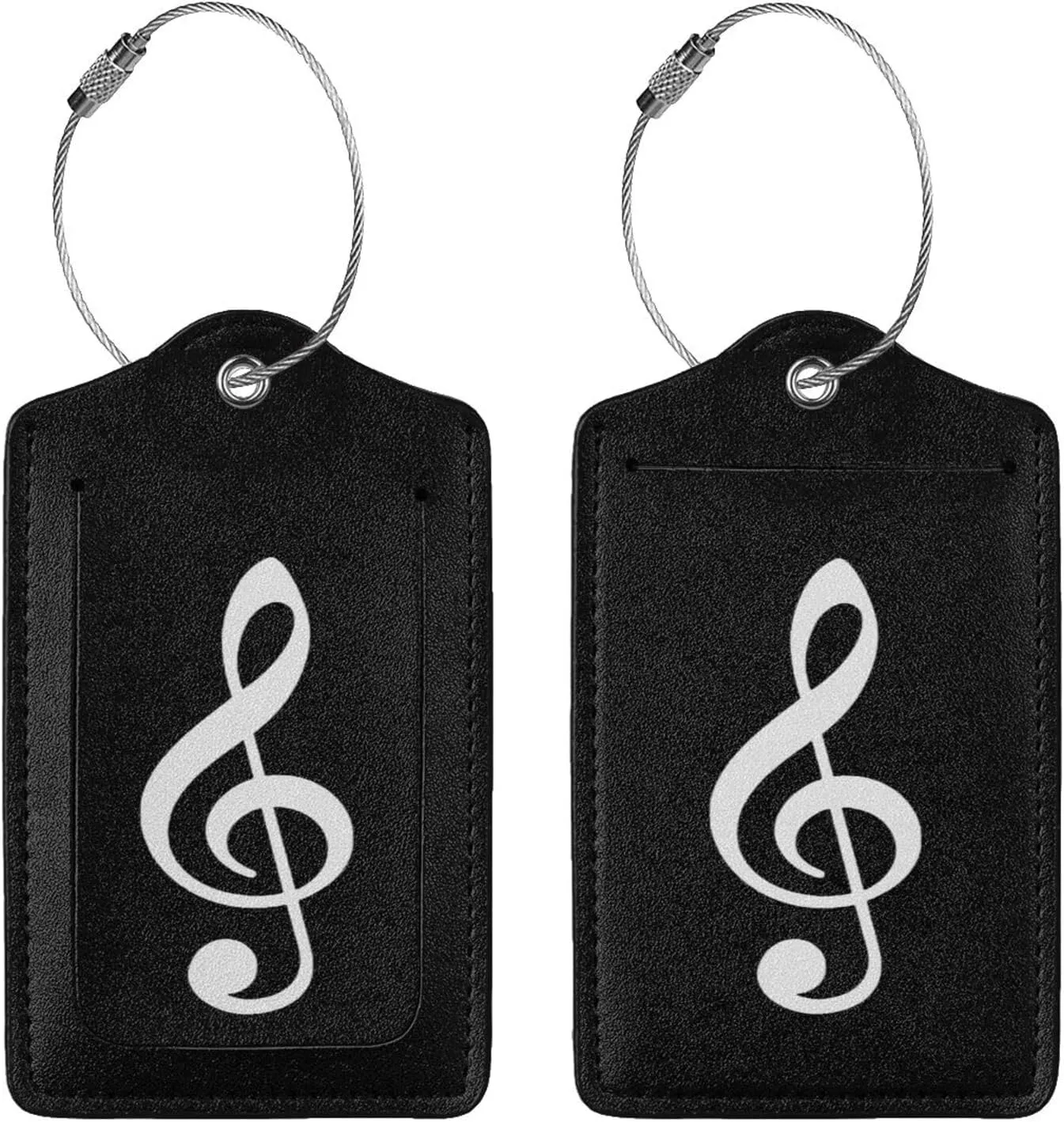 Treble Clef Music Leather Baggage Bag Luggage Tags with Stainless Steel Loop and Privacy Cover, 4 PCS, Black