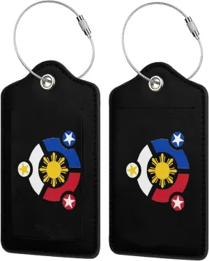 Tribal Philippines Filipino Sun and Stars Leather Baggage Bag Luggage Tags with Stainless Steel Loop and Privacy Cover