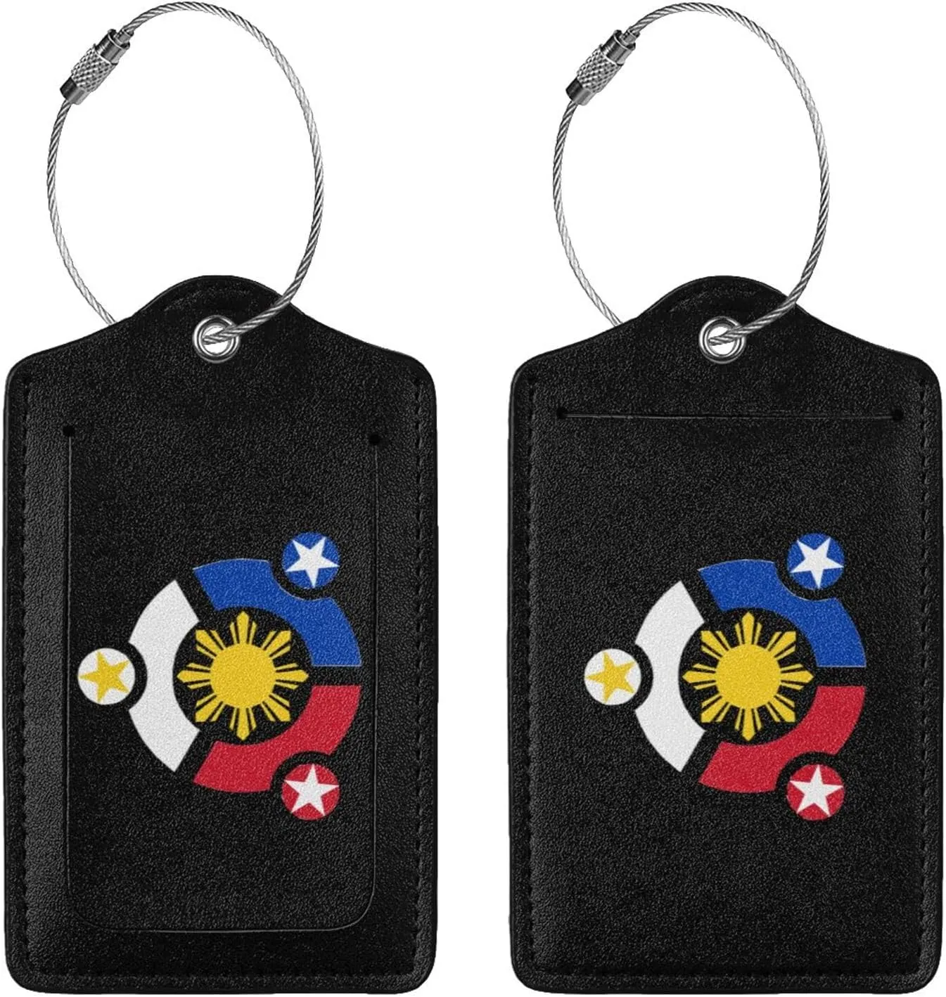 Tribal Philippines Filipino Sun and Stars Leather Baggage Bag Luggage Tags with Stainless Steel Loop and Privacy Cover