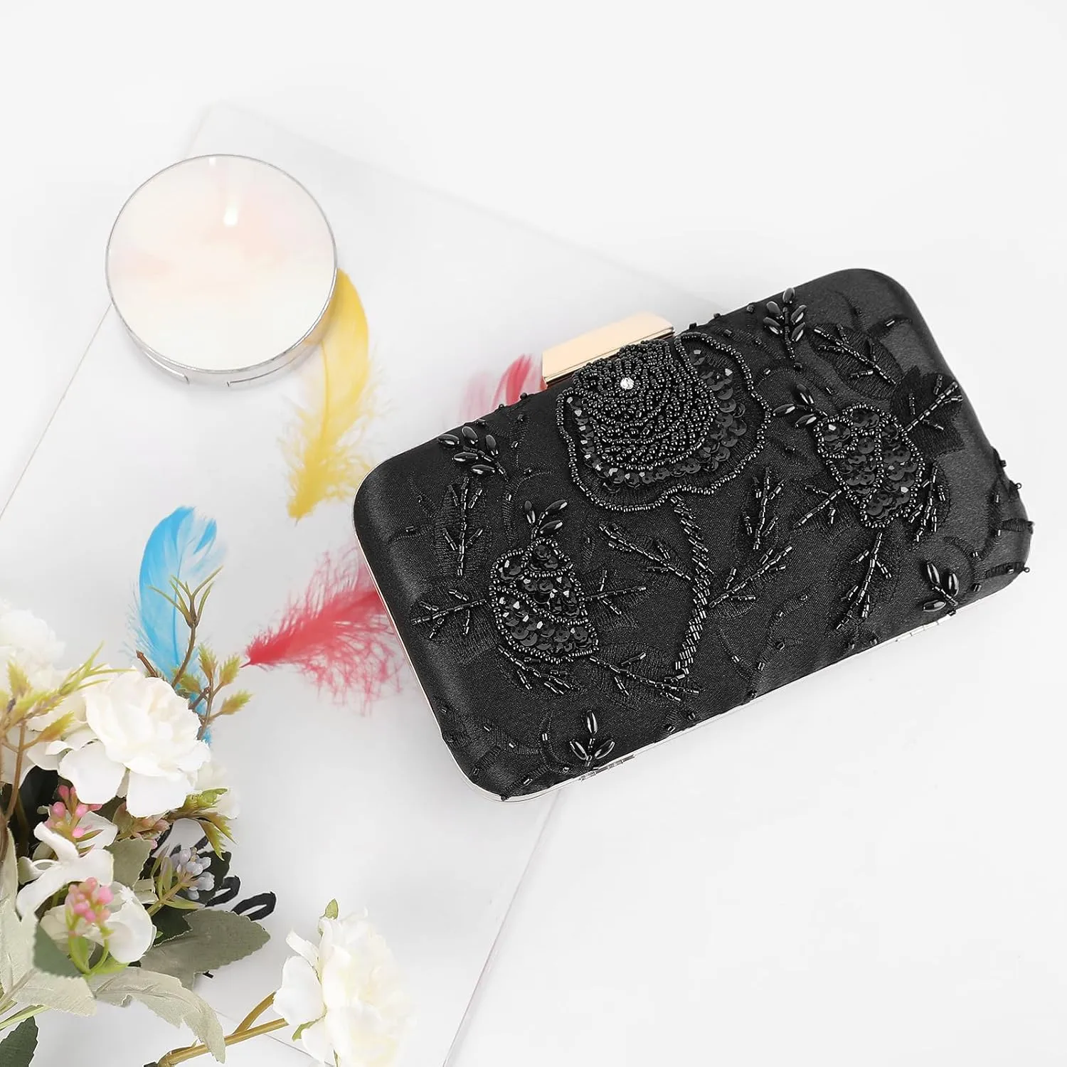 UBORSE Embroidery Sequins Beaded Clutch Evening Bags for Women Formal Party Wedding Purses