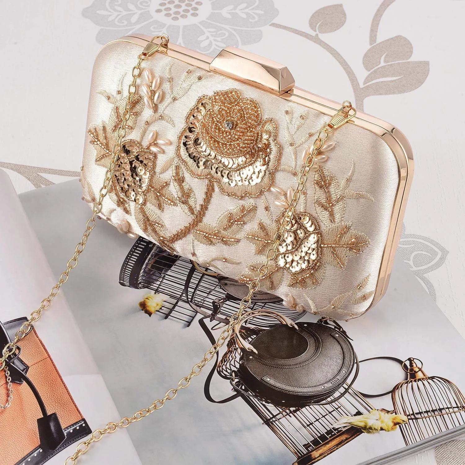 UBORSE Embroidery Sequins Beaded Clutch Evening Bags for Women Formal Party Wedding Purses