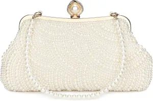 UBORSE Women Pearl Clutch Bag Noble Crystal Beaded Evening Bag Wedding Clutch with Pearl Chain