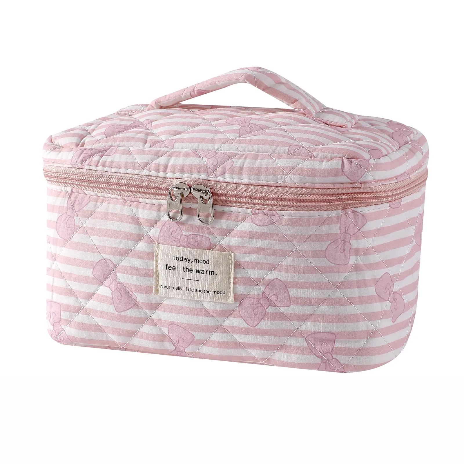 uekeboag Large Travel Quilted Makeup Bag for Women, Floral Cotton Cosmetic Bag, Coquette Aesthetic Floral Toiletry Organizer Bag(17Striped Bow