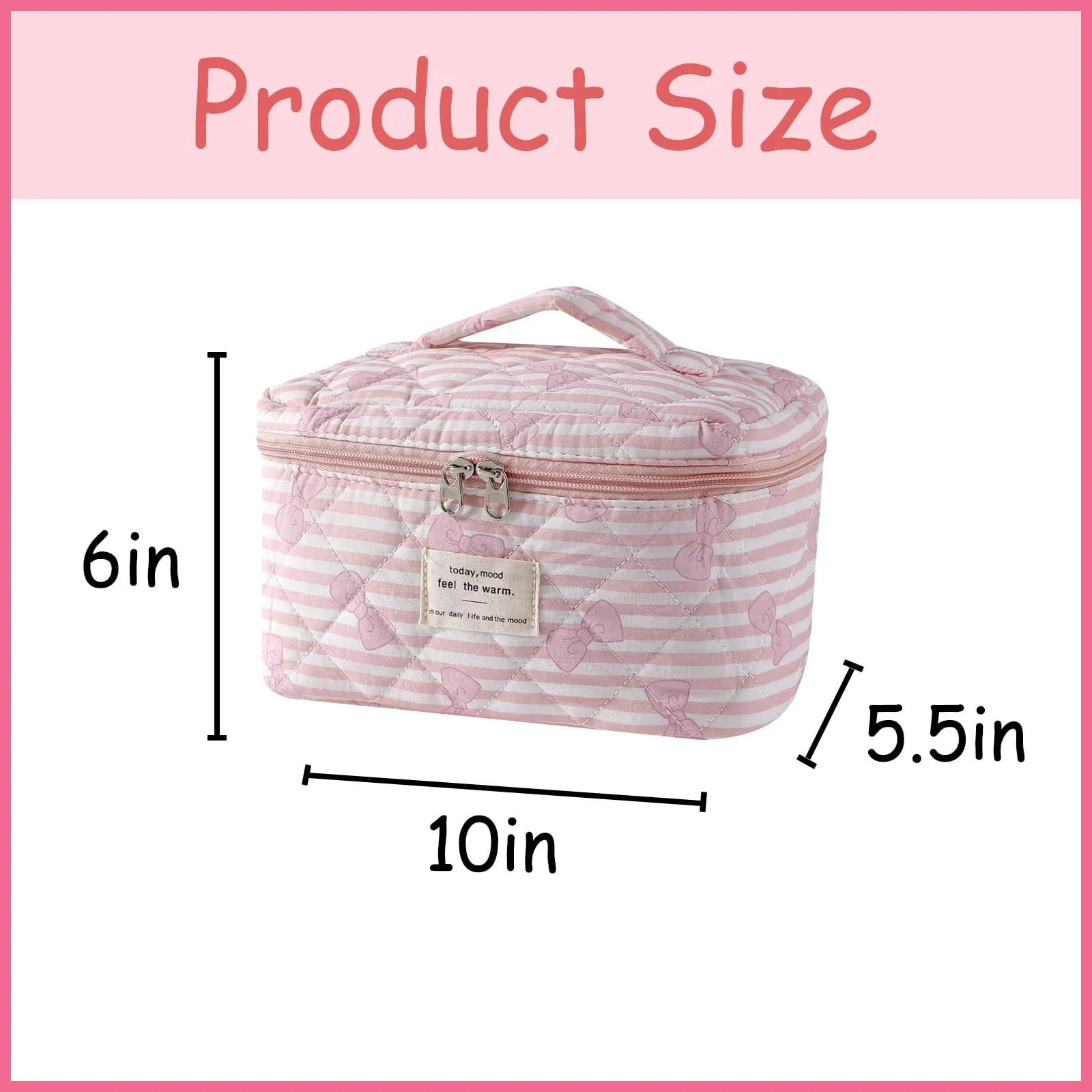 uekeboag Large Travel Quilted Makeup Bag for Women, Floral Cotton Cosmetic Bag, Coquette Aesthetic Floral Toiletry Organizer Bag(17Striped Bow