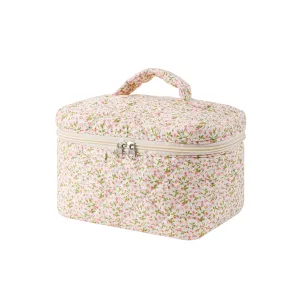 uekeboag Large Travel Quilted Makeup Bag for Women, Floral Cotton Cosmetic Bag, Coquette Aesthetic Floral Toiletry Organizer Bag(Little Pink Flower