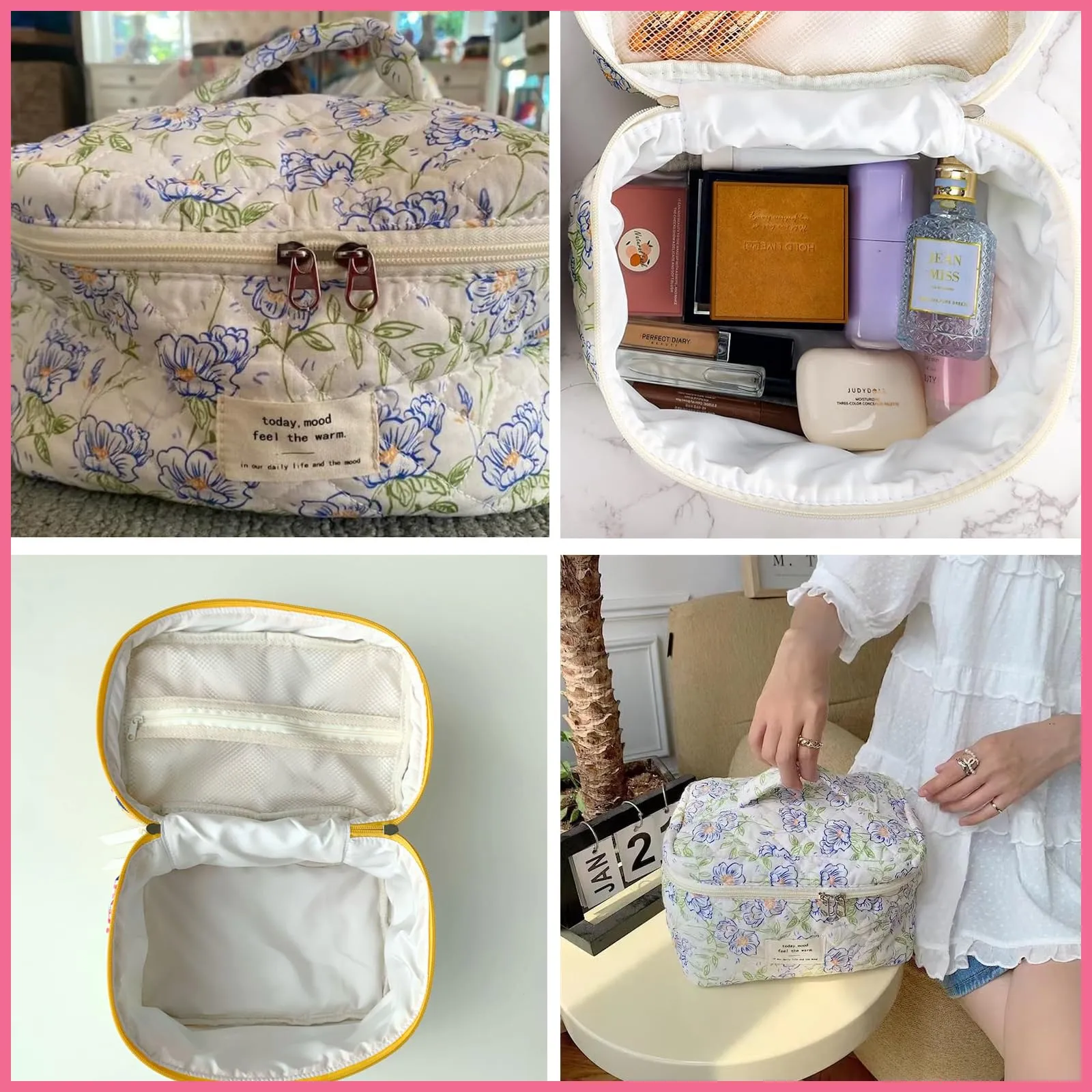uekeboag Large Travel Quilted Makeup Bag for Women, Floral Cotton Cosmetic Bag, Coquette Aesthetic Floral Toiletry Organizer Bag(Little Pink Flower