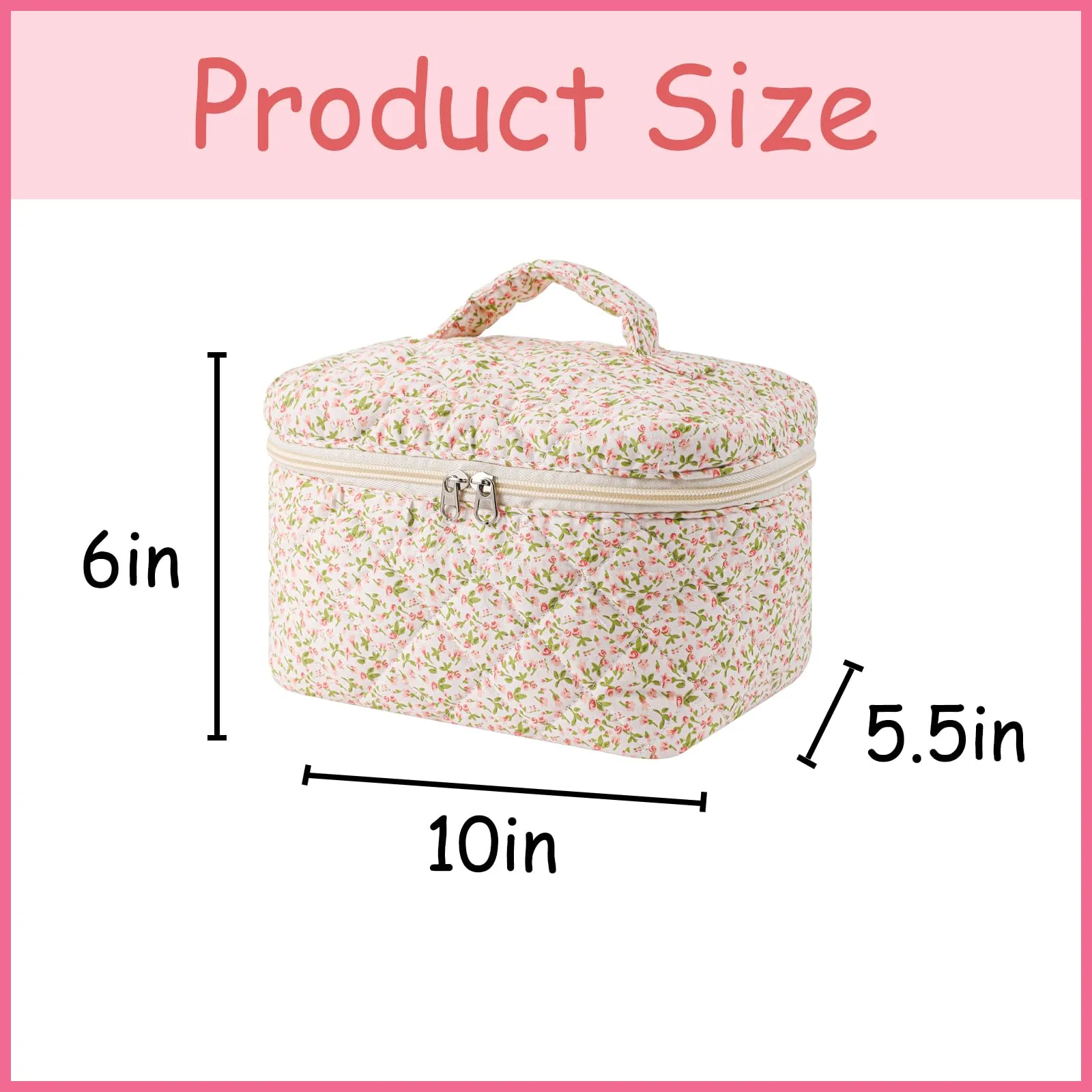 uekeboag Large Travel Quilted Makeup Bag for Women, Floral Cotton Cosmetic Bag, Coquette Aesthetic Floral Toiletry Organizer Bag(Little Pink Flower