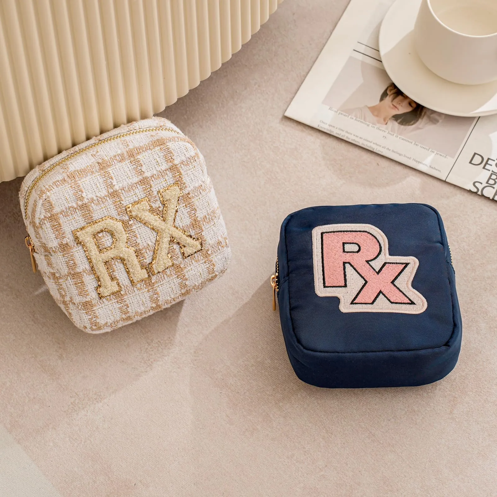 uekeboag Personalized Small Checkered Medicine Cosmetic Bag, Cute Plaid Pattern Chenille Letter Patch RX Drug Pouch with Zipper, Makeup Travel Gift Bag for Women and Girls (07Checkered)