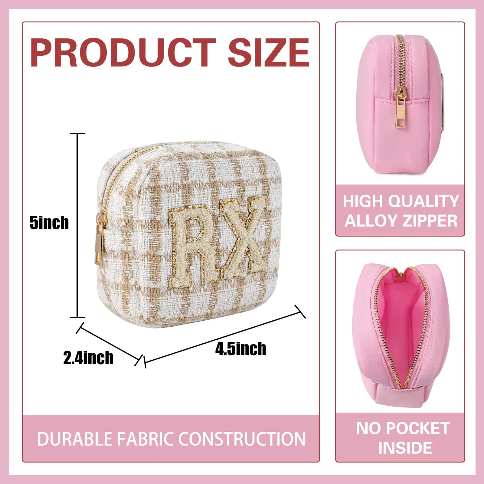 uekeboag Personalized Small Checkered Medicine Cosmetic Bag, Cute Plaid Pattern Chenille Letter Patch RX Drug Pouch with Zipper, Makeup Travel Gift Bag for Women and Girls (07Checkered)