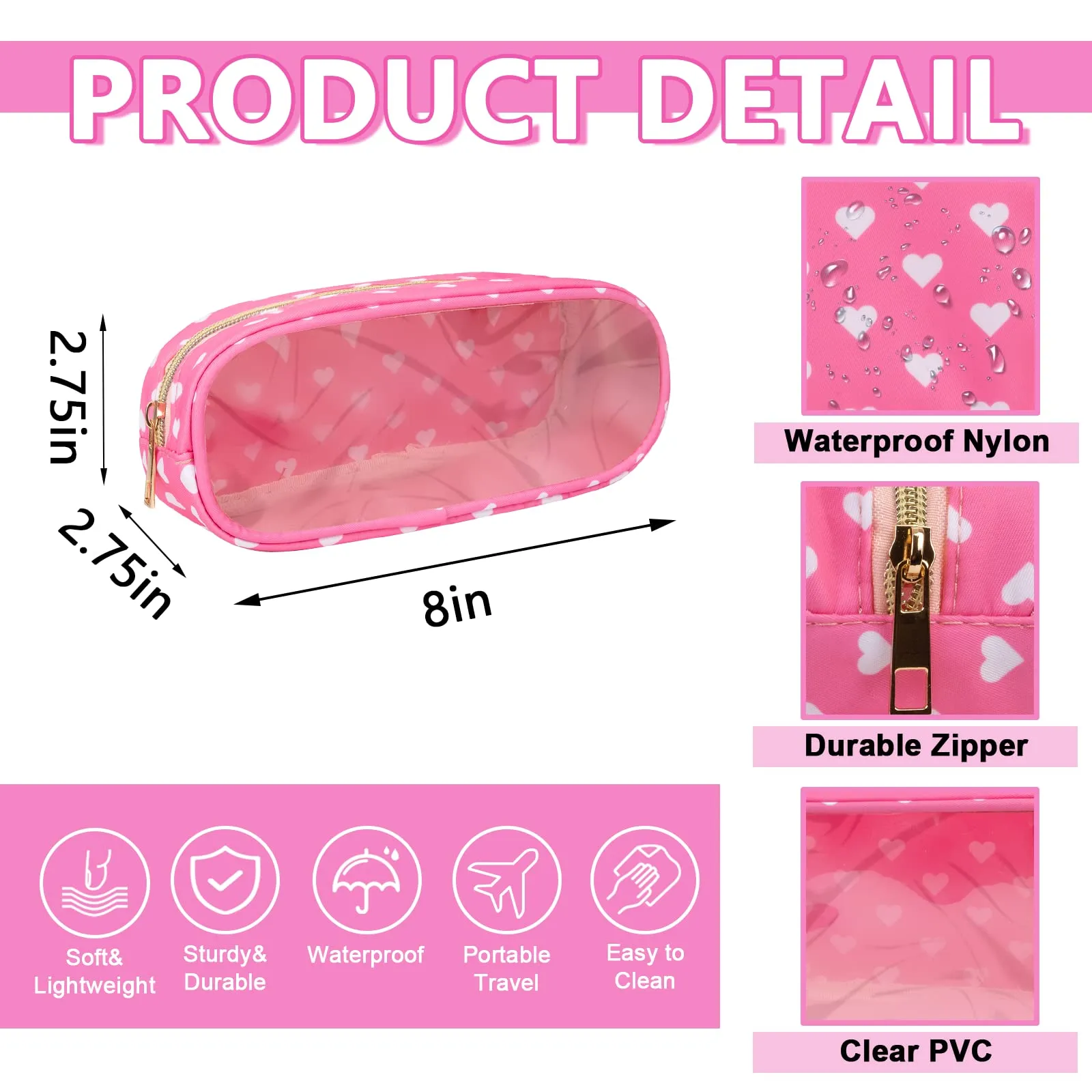 UIXIZQ Clear Small Pencil Pouch Makeup Bag for Purse,Nylon&PVC Pencil Case Waterproof Makeup Brush Holder with Zipper,Preppy Transparent Pen Bag Travel Cosmetic Bag for Women Office(Slim-Pink Heart)