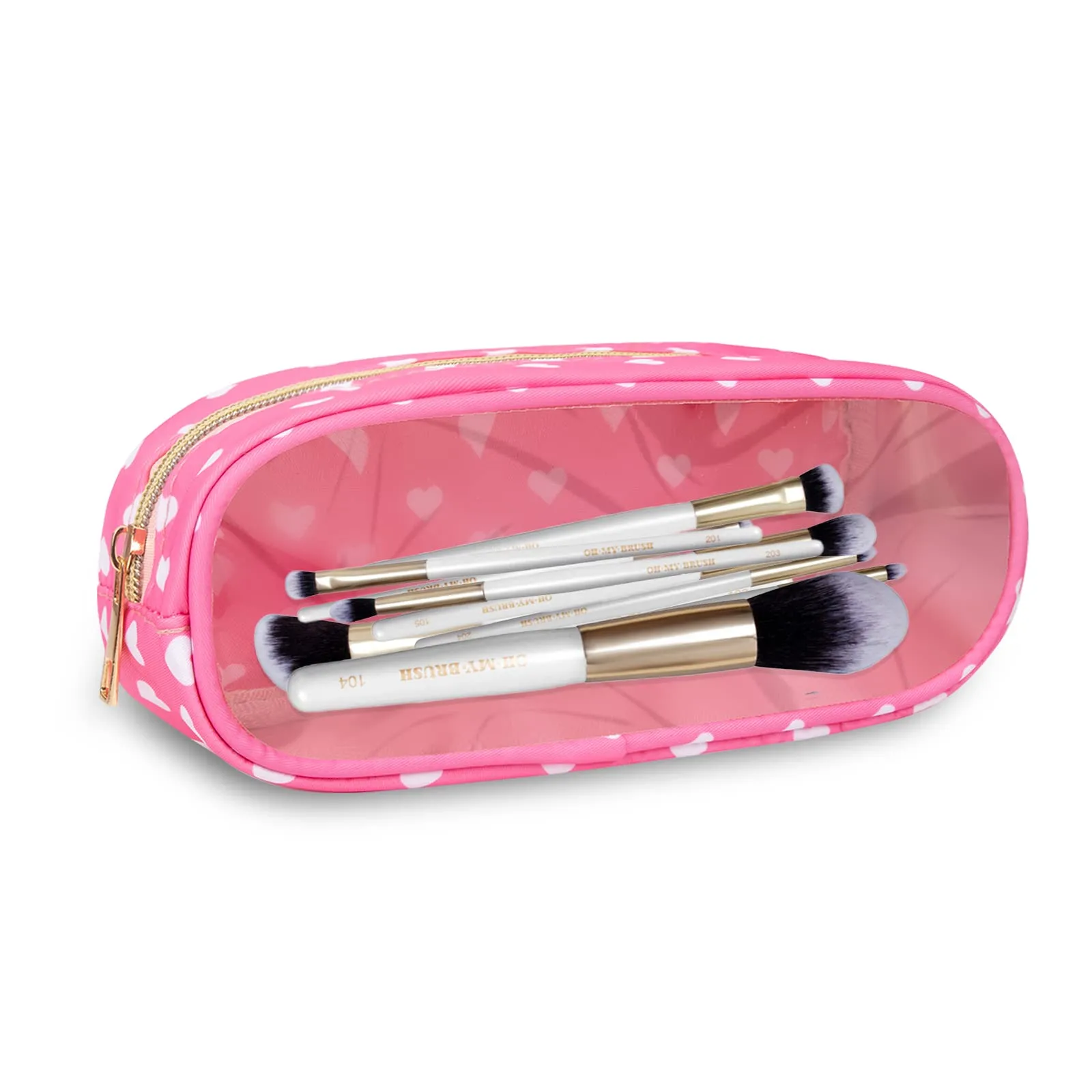 UIXIZQ Clear Small Pencil Pouch Makeup Bag for Purse,Nylon&PVC Pencil Case Waterproof Makeup Brush Holder with Zipper,Preppy Transparent Pen Bag Travel Cosmetic Bag for Women Office(Slim-Pink Heart)