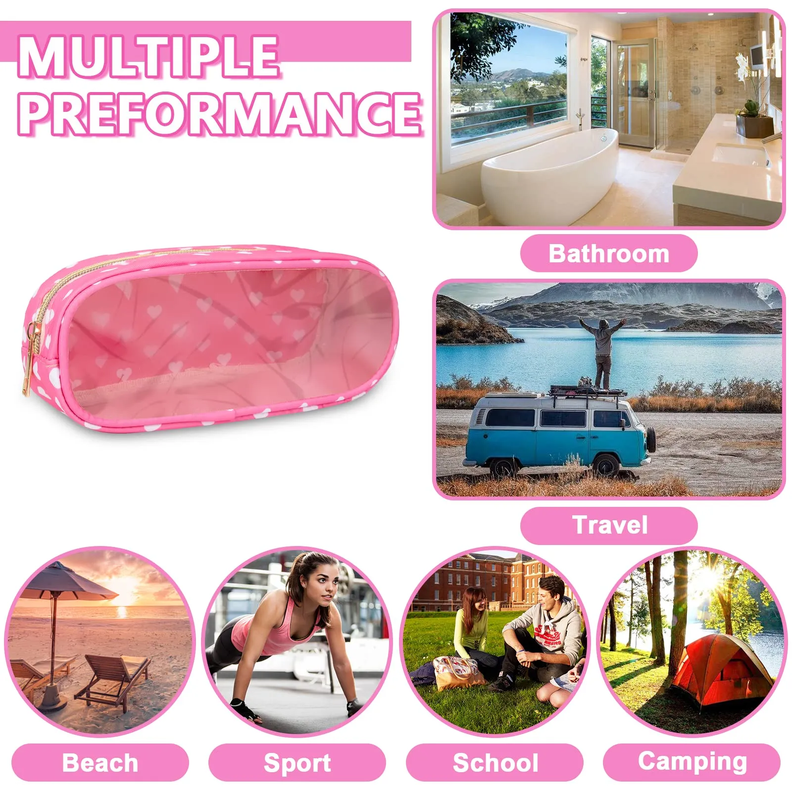 UIXIZQ Clear Small Pencil Pouch Makeup Bag for Purse,Nylon&PVC Pencil Case Waterproof Makeup Brush Holder with Zipper,Preppy Transparent Pen Bag Travel Cosmetic Bag for Women Office(Slim-Pink Heart)