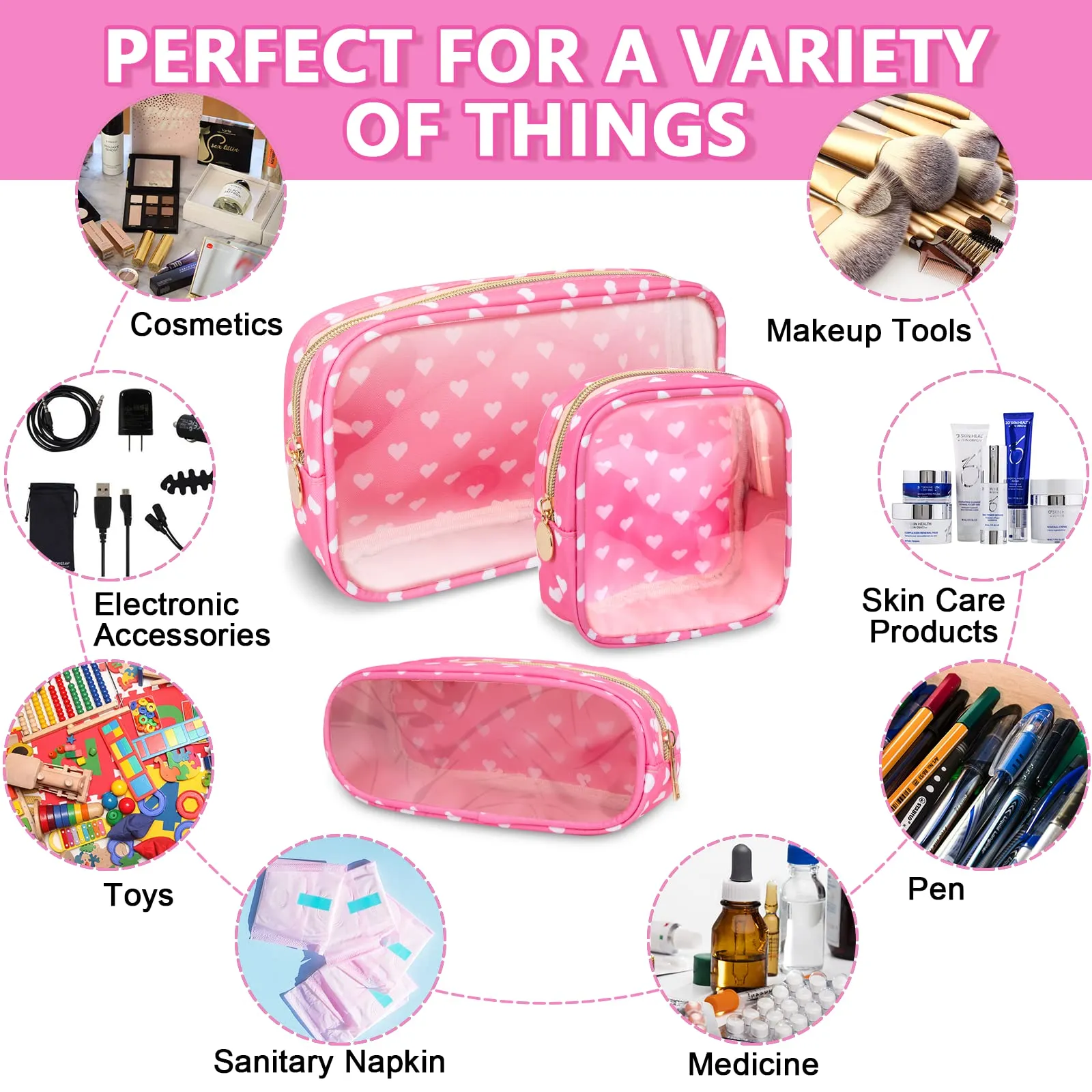 UIXIZQ Clear Small Pencil Pouch Makeup Bag for Purse,Nylon&PVC Pencil Case Waterproof Makeup Brush Holder with Zipper,Preppy Transparent Pen Bag Travel Cosmetic Bag for Women Office(Slim-Pink Heart)