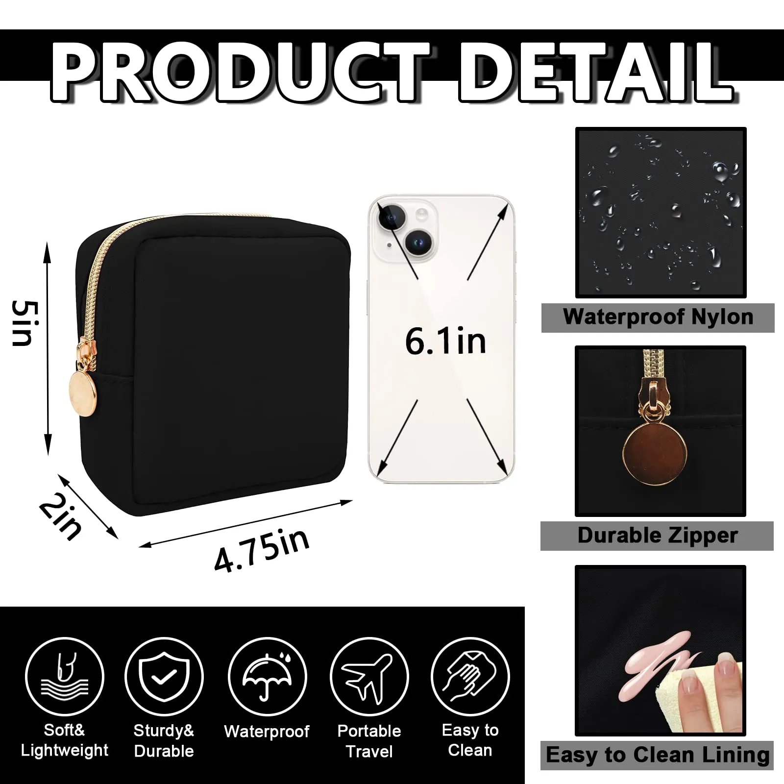 UIXIZQ Waterproof Mini Makeup Bag Pouch for Purse,Small Cosmetic Bag Pouch Nylon Travel Toiletry Organizers Bag for Women,Cute Mini Zipper Pouch Preppy Coin Purse for Work(Mini-Black)
