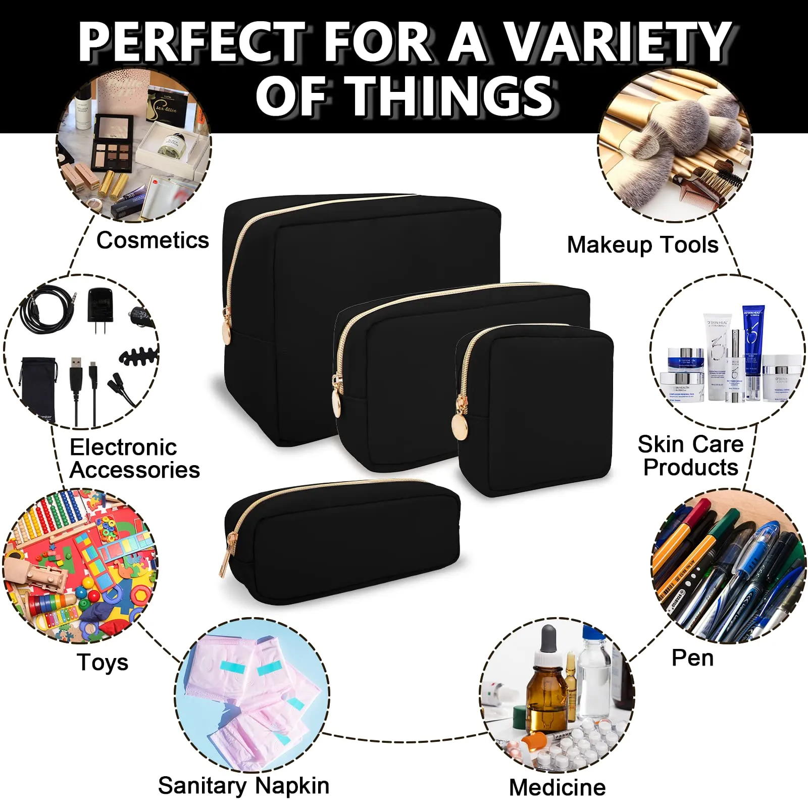 UIXIZQ Waterproof Mini Makeup Bag Pouch for Purse,Small Cosmetic Bag Pouch Nylon Travel Toiletry Organizers Bag for Women,Cute Mini Zipper Pouch Preppy Coin Purse for Work(Mini-Black)