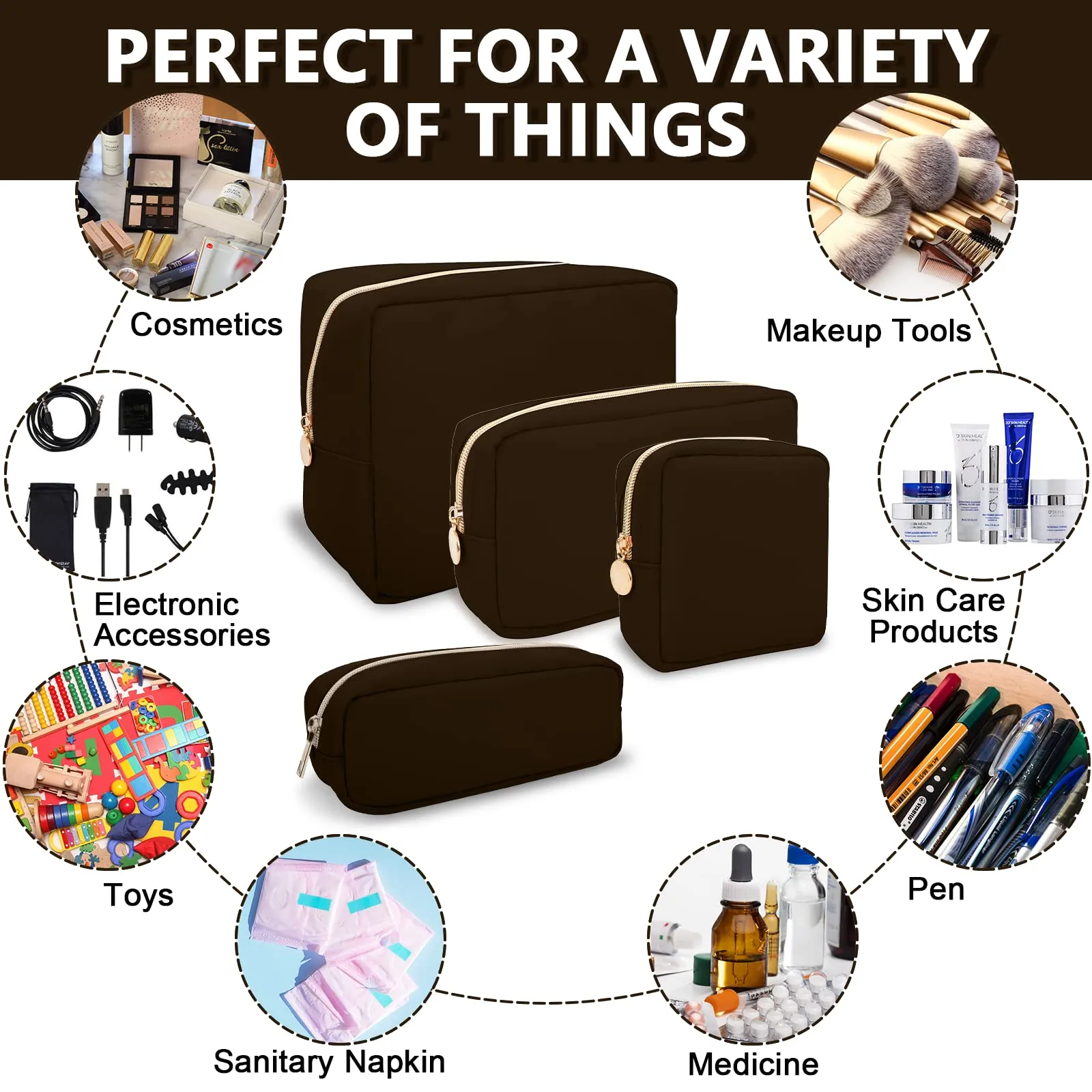 UIXIZQ Waterproof Small Pencil Case Makeup Bag for Purse,Cute Pencil Pouch Preppy Nylon Makeup Brush Holder with Zipper,Girls Portable Storage Case Small Pen Bag for Office College(Slim-Chocolate)