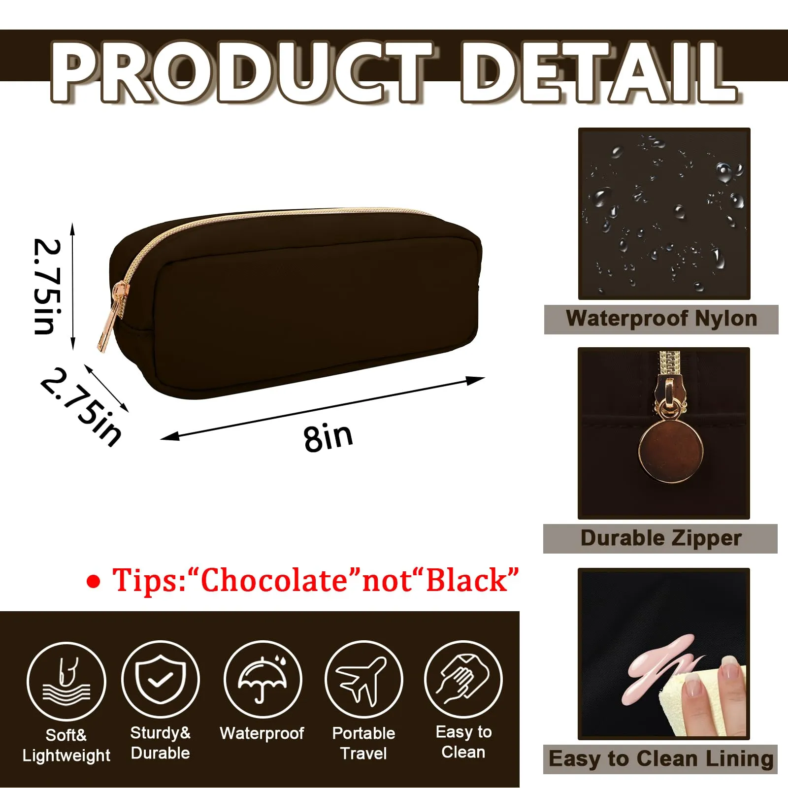 UIXIZQ Waterproof Small Pencil Case Makeup Bag for Purse,Cute Pencil Pouch Preppy Nylon Makeup Brush Holder with Zipper,Girls Portable Storage Case Small Pen Bag for Office College(Slim-Chocolate)