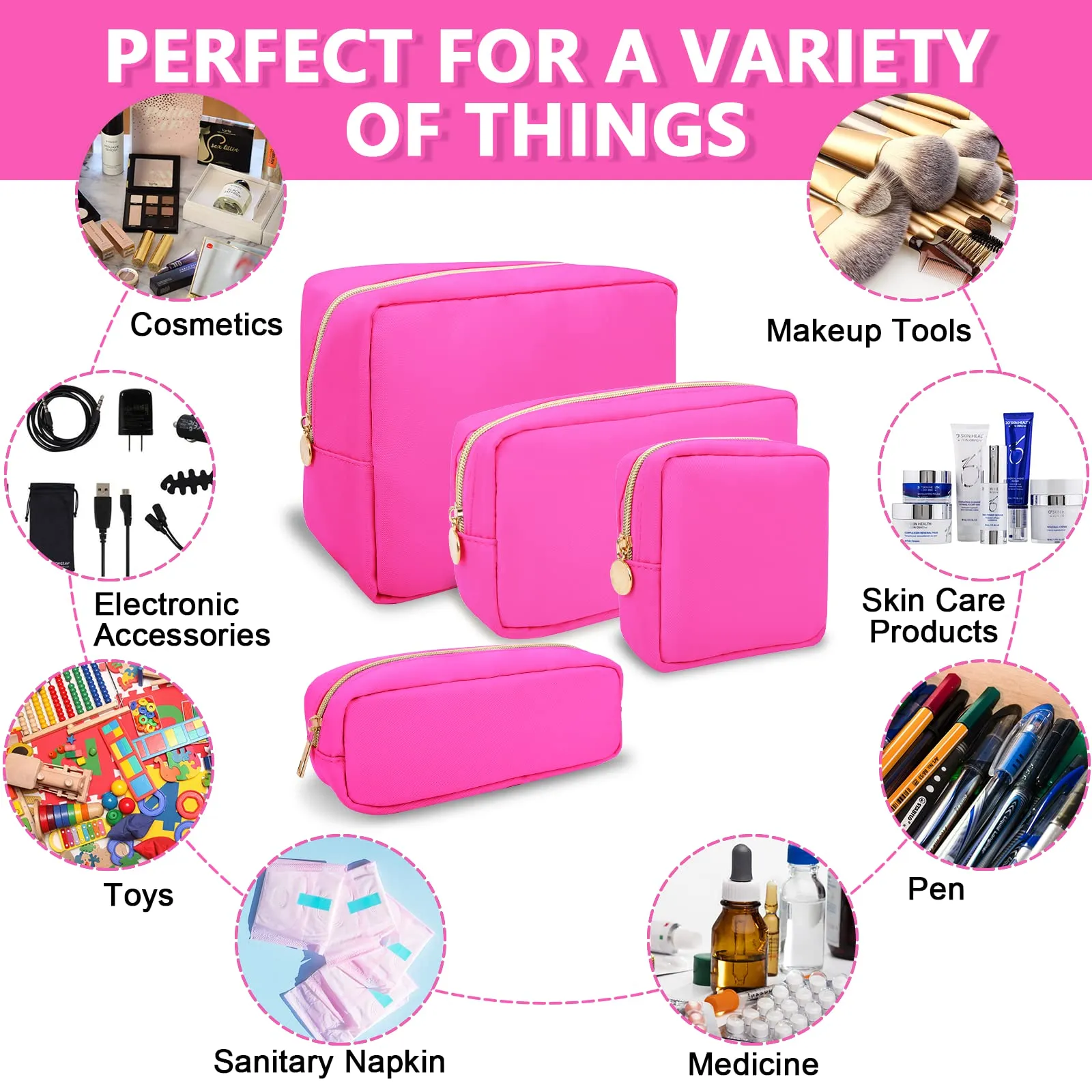 UIXIZQ Waterproof Small Pencil Case Makeup Bag for Purse,Cute Pencil Pouch Preppy Nylon Makeup Brush Holder with Zipper,Girls Portable Storage Case Small Pen Bag for Office College(Slim-Hot Pink)