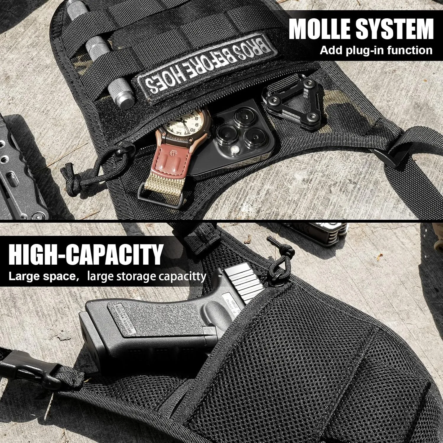 Underarm sling bag for men,Slim anti theft Conceal Carry crossbody tactical Chest Molle bag with Elastic Waistband